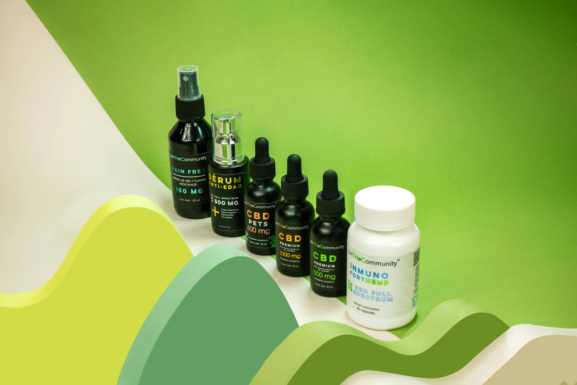 CBD oils and skincare products arranged against a vibrant green backdrop, highlighting clean beauty.